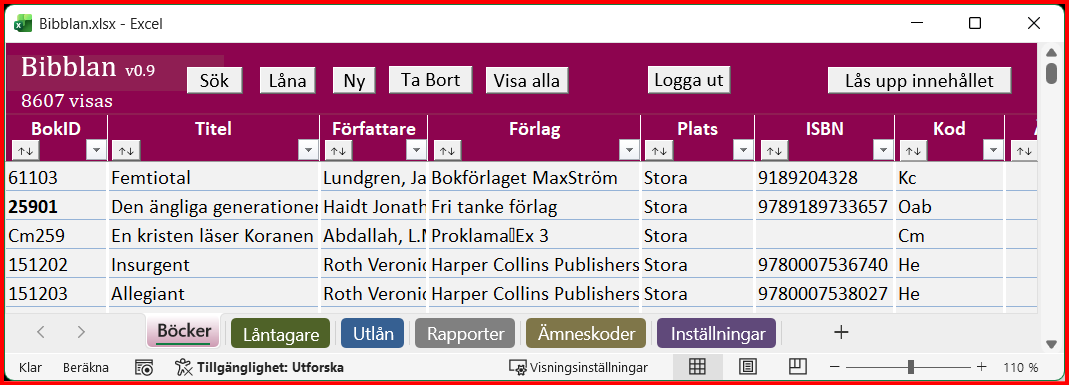 Bokutlåningssystem byggt i Excel