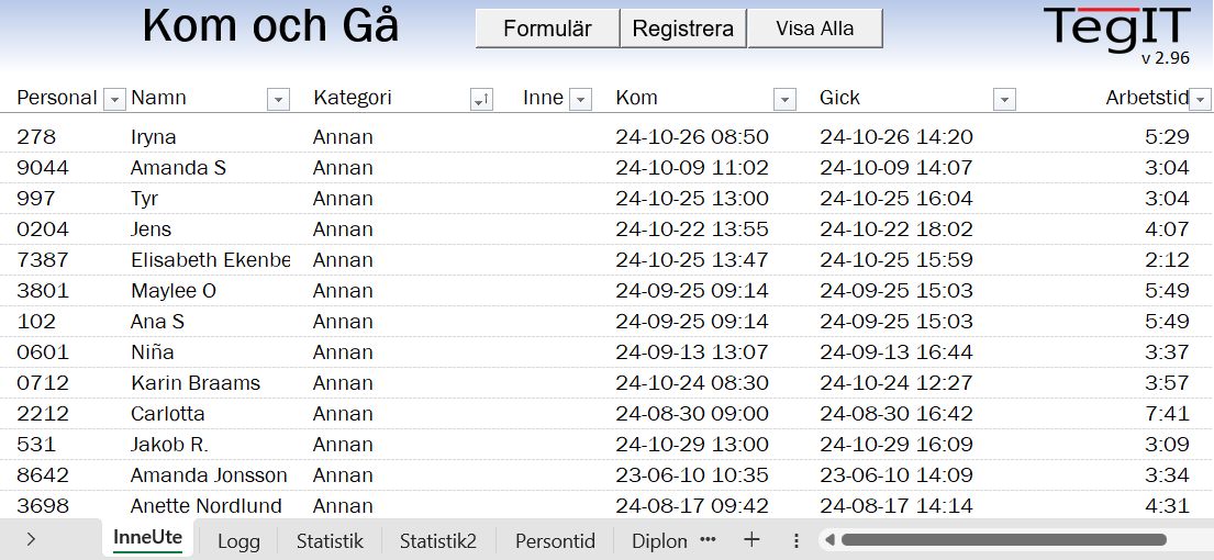 Inpasseringssystem byggt i Excel