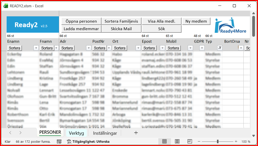 Medlemsregister byggt i Excel